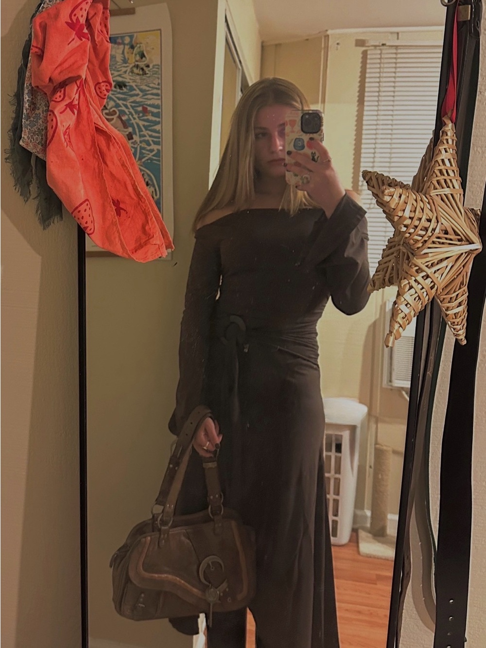 Cider Off-Shoulder Long Sleeve Brown Maxi Dress (S)